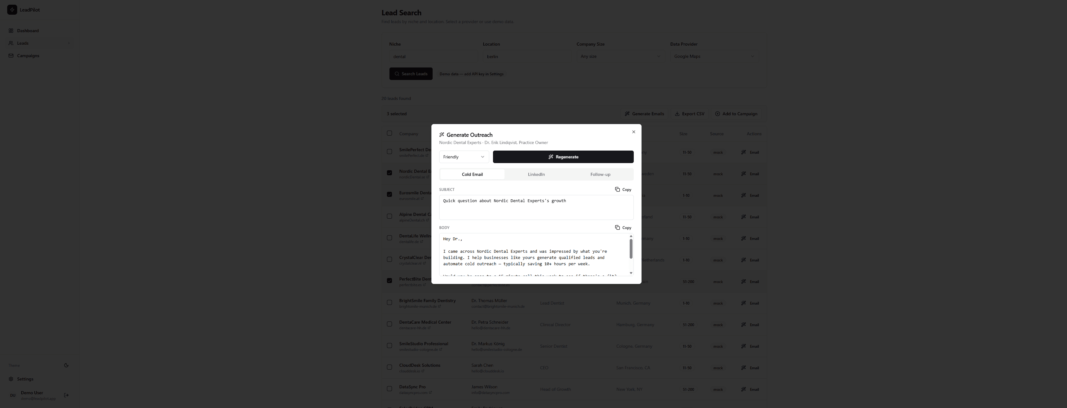 LeadPilot AI Email Generator screenshot